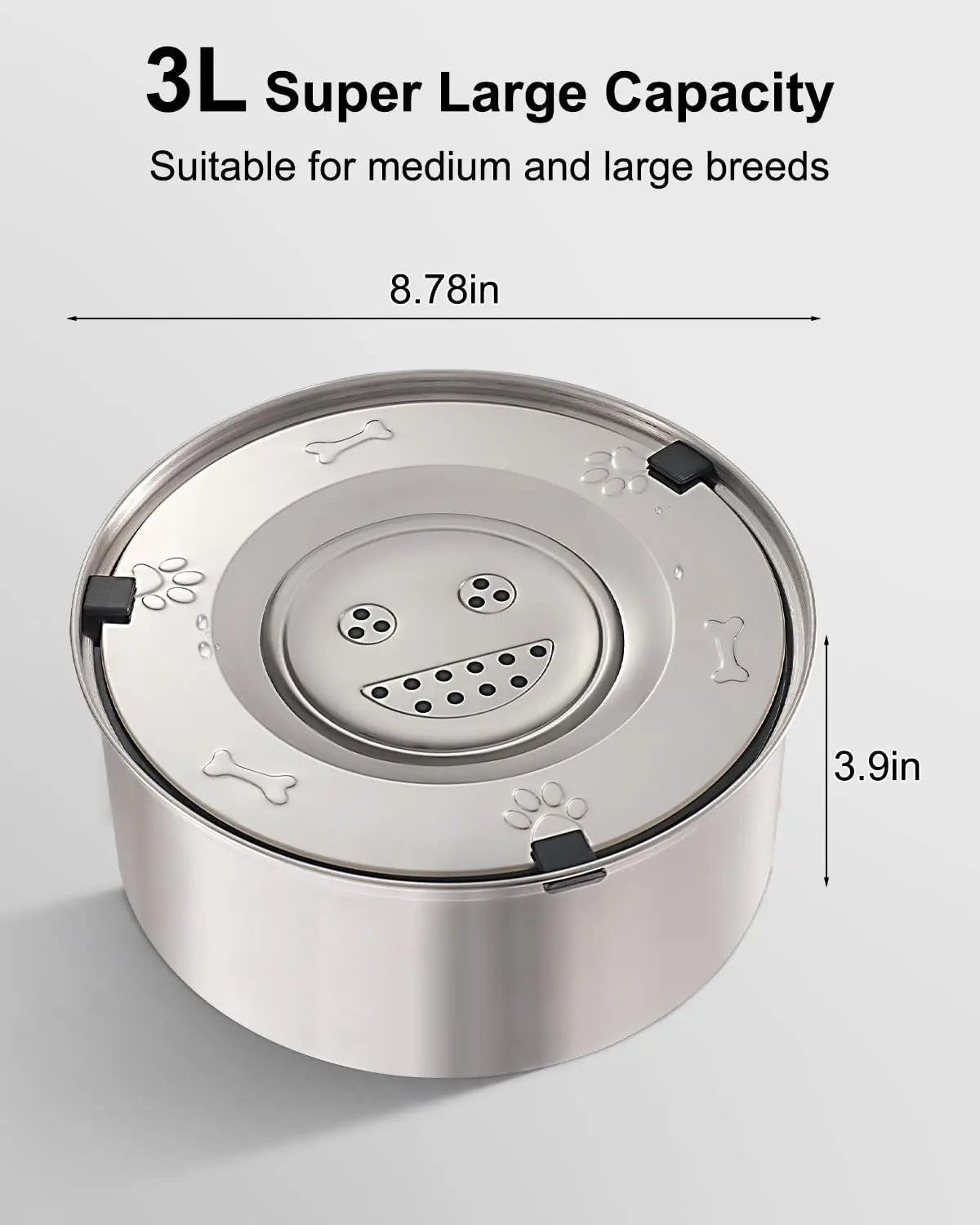 3L Stainless Steel No Spill Water Bowl for Dogs Non-Slip Slow Dog Bowl Water Feeder Dispenser for Medium Large Dogs